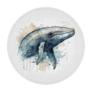 blue whale swimming in the ocean cutting board