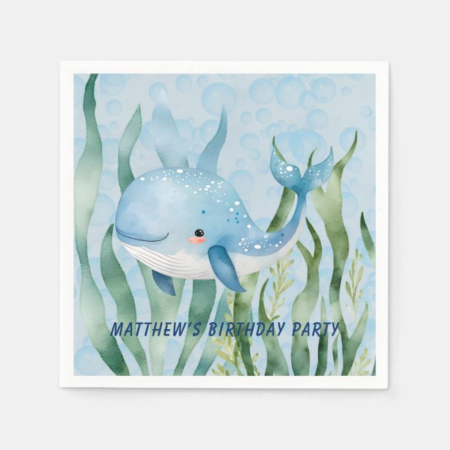 Blue Whale Under The Sea Boy Birthday Party Napkin (Front)