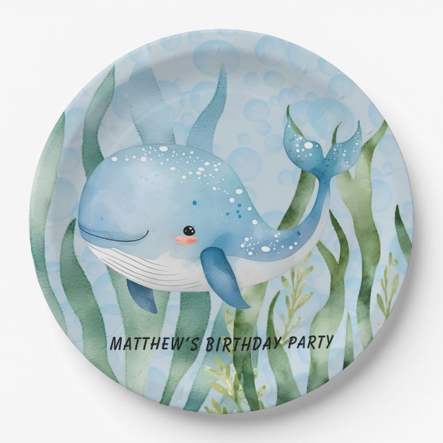 Blue Whale Under The Sea Boy Birthday Party Paper Plate (Front)