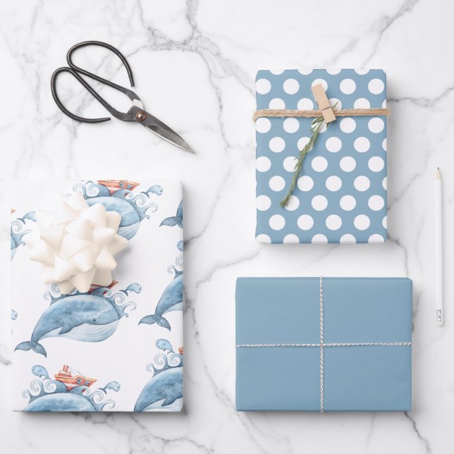 Blue Whale Watercolor Birthday Wrapping Paper Sheet (Front)