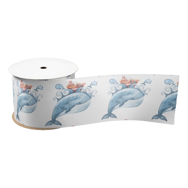 Blue Whale Watercolor Satin Ribbon (Spool)