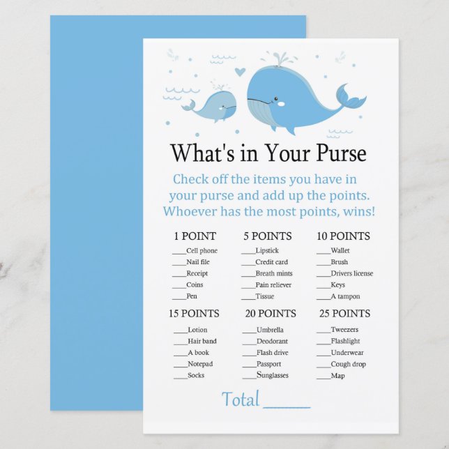 Blue Whale What's in your purse game (Front/Back)