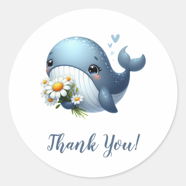Blue Whale with Sunflowers Thank You Classic Round Sticker (Front)