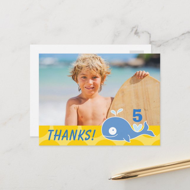 Blue Whale Yellow Dots Boy's Birthday Thanks Photo Postcard (Front/Back In Situ)