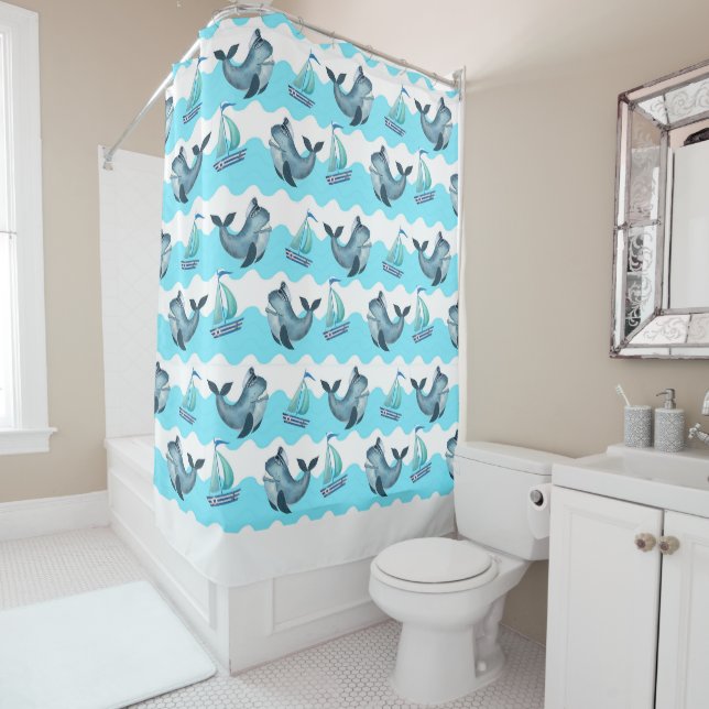 Blue Whales And Sailboats  Shower Curtain (In Situ)