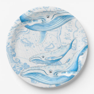 Blue Whales Family White Paper Plate