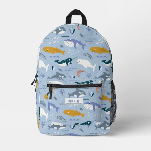 Blue whales - ocean animals personalised name printed backpack (Front)