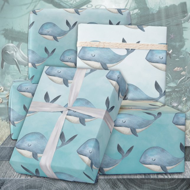 Blue Whales Under The Caribbean Blue Sea Wrapping Paper (Baby Blue Whales Under The Deep Blue Sea Kids Gift Wrapping Paper Rolls)
