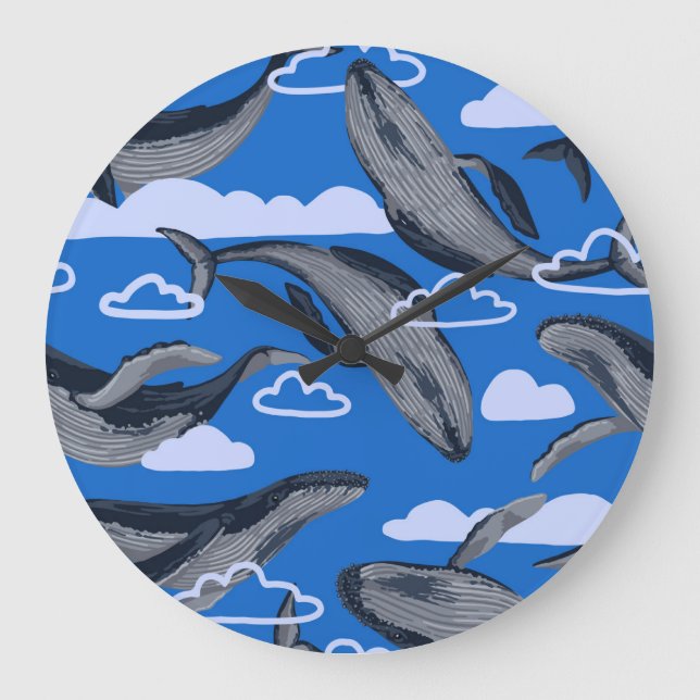 Blue Whales Vintage Hand Drawn Large Clock (Front)