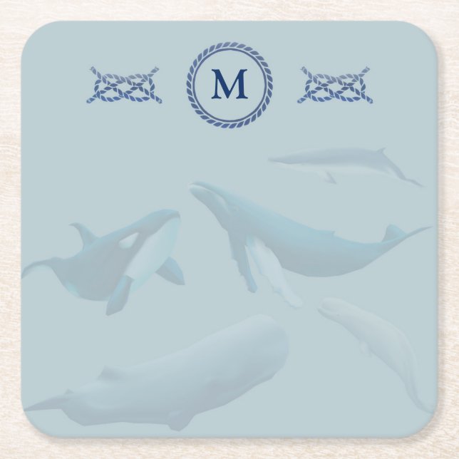 Blue Whales with Monogram Square Paper Coaster (Front)
