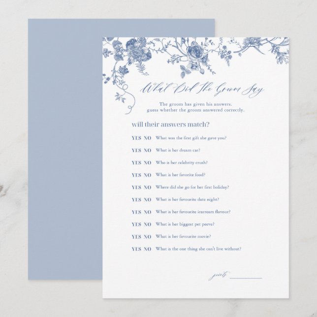 Blue What Did The Groom Say Bridal Game Cards (Front/Back)