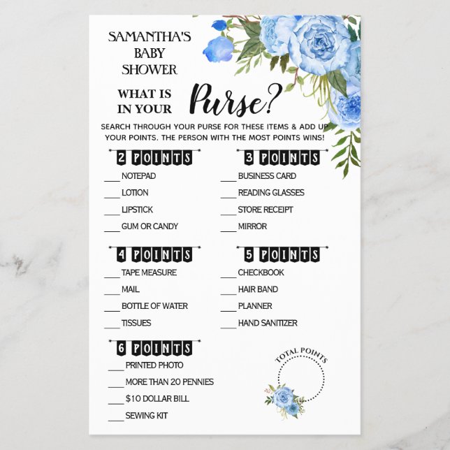 Blue What is in your Purse shower bilingual card (Front)