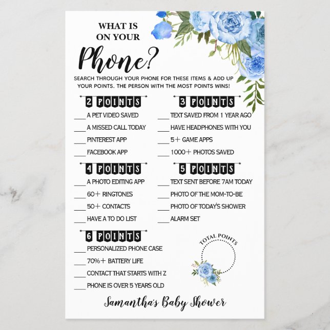 Blue What is on your Phone Baby Shower Game card (Front)