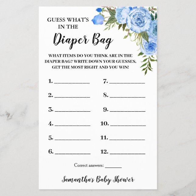 Blue Whats in the Diaper Bag Baby Shower Game card (Front)