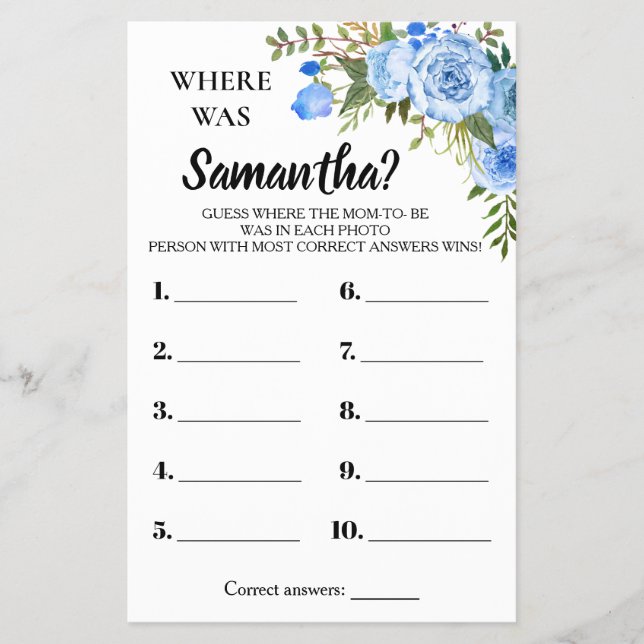 Blue Where was Mum shower bilingual game card (Front)