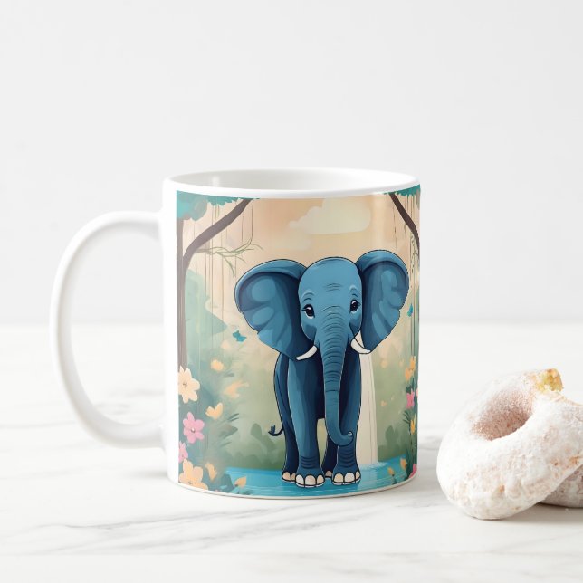Blue Whimsical Baby Elephant, Coffee Mug (With Donut)