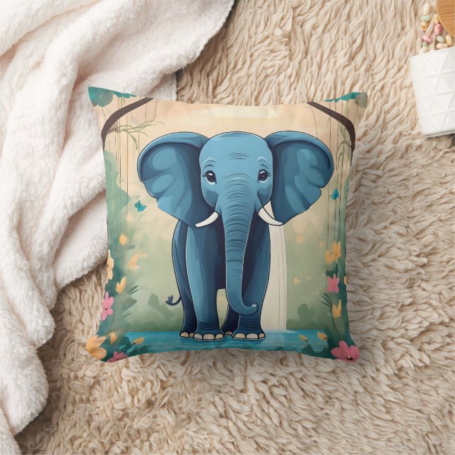 Blue Whimsical Baby Elephant, Cushion (Blanket)