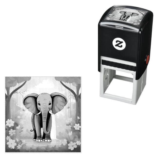 Blue Whimsical Baby Elephant, Self-inking Stamp (In Situ)