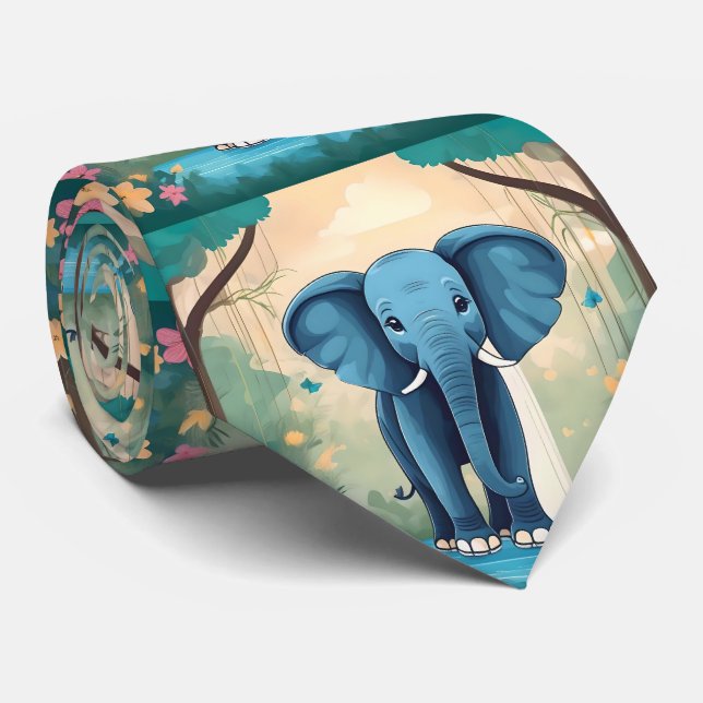 Blue Whimsical Baby Elephant, Tie (Rolled)