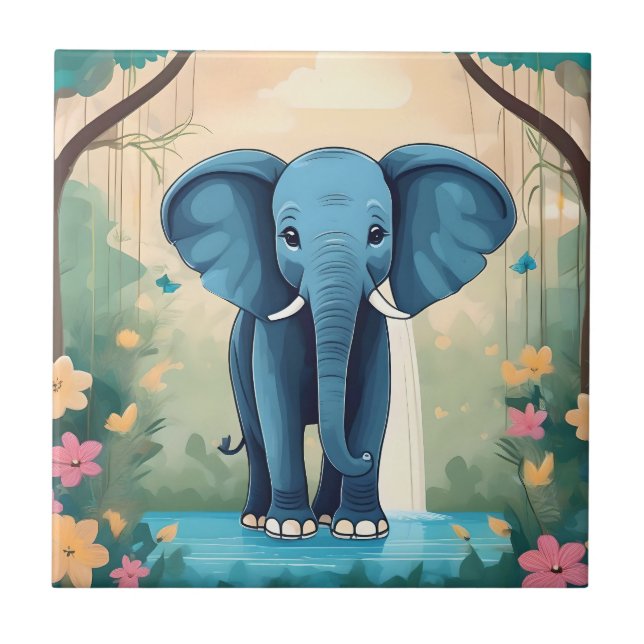 Blue Whimsical Baby Elephant, Tile (Front)