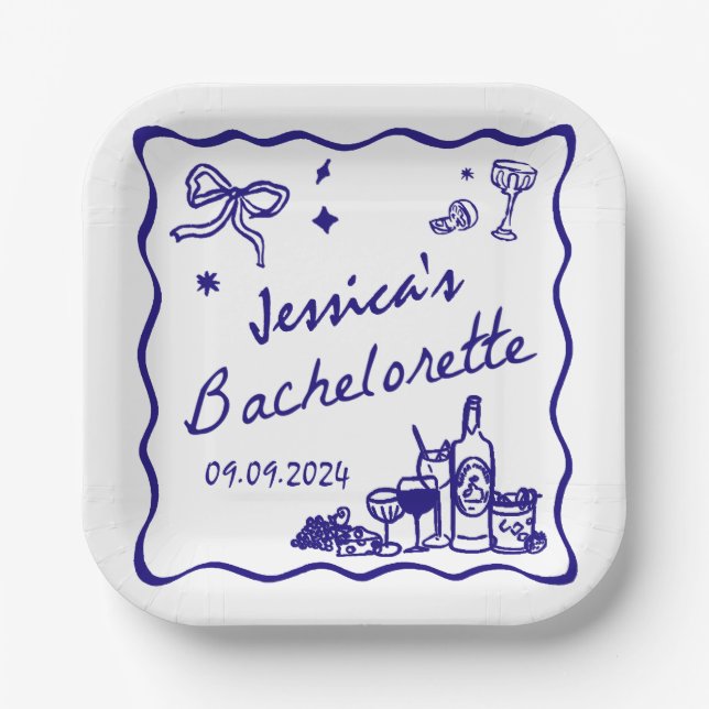 Blue Whimsical Beach Bachelorette Party Paper Plate (Front)