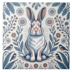 Blue Whimsical Bunny Rabbit Floral Design Tile