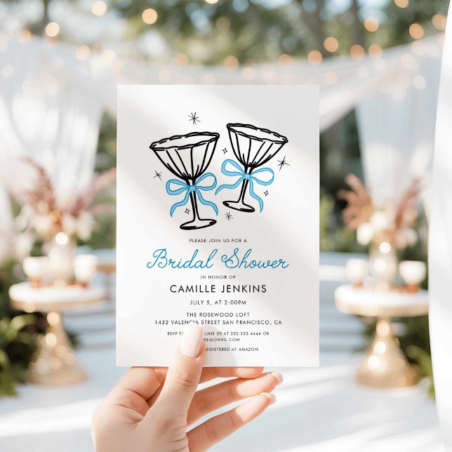 Blue Whimsical Champagne Bridal Shower Invitation (Blue Bow Brunch Champagne Bridal Shower Invitation)
