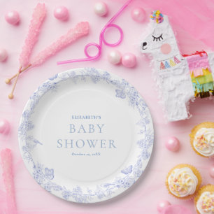 Blue Whimsical Chinoiserie Floral Baby Shower Paper Plate
