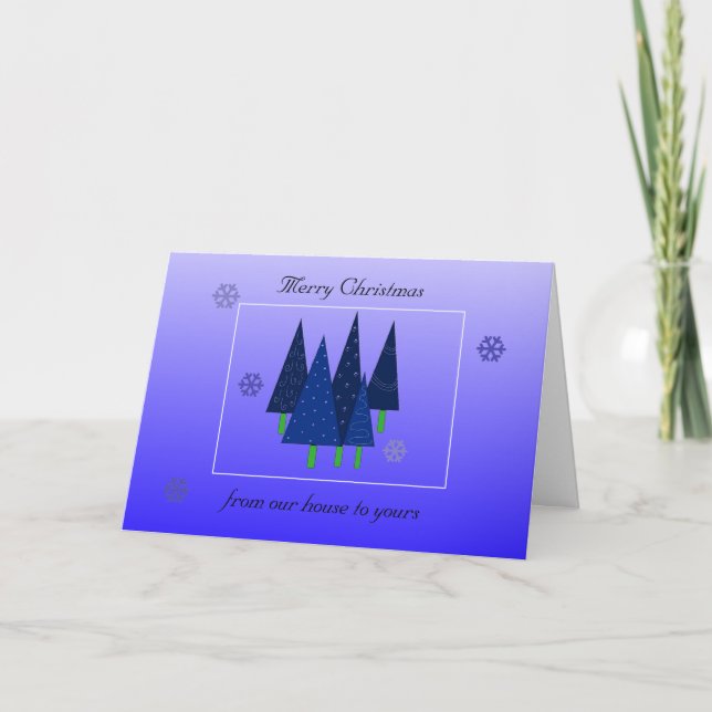 Blue Whimsical Christmas Trees Holiday Card (Front)