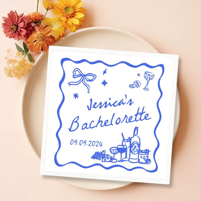 Blue Whimsical Cocktail Bachelorette Party Napkin (Creator Uploaded)