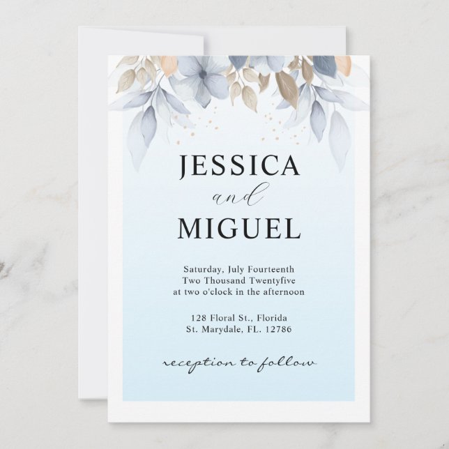 Blue Whimsical Elegance: Floral Wedding Invitation (Front)