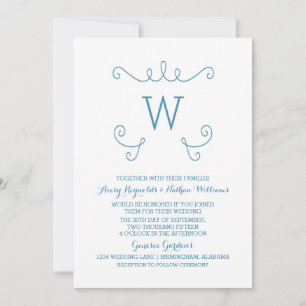 Blue Whimsical Flourish Monogram Wedding Invite