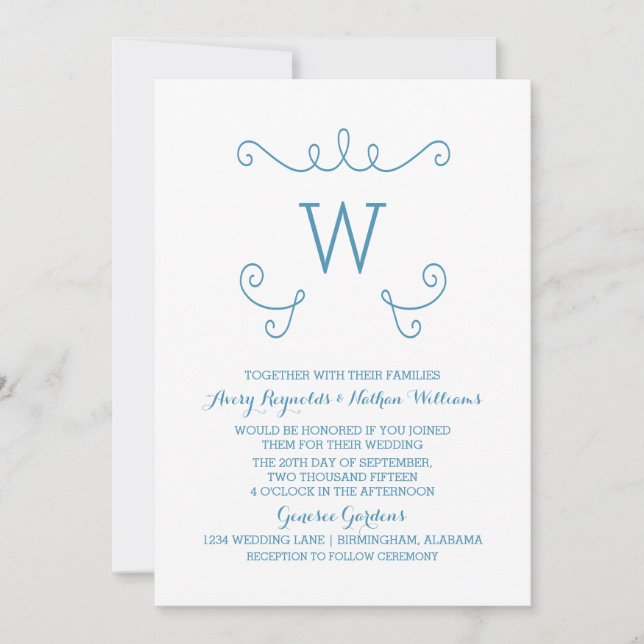 Blue Whimsical Flourish Monogram Wedding Invite (Front)