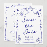 Blue Whimsical Fun Quirky Hand drawn Wedding