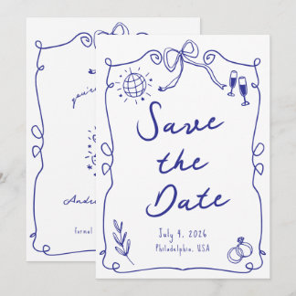 Blue Whimsical Fun Quirky Hand drawn Wedding Save The Date