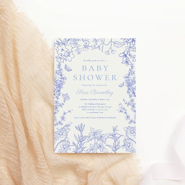 Blue Whimsical Garden Chinoiserie Baby Shower Invitation (Blue Whimsical Garden Chinoiserie Baby Shower Invitation)