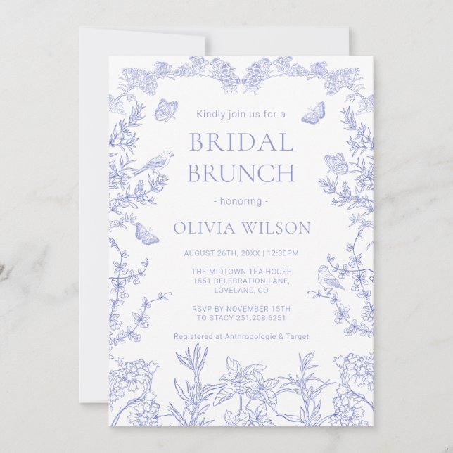 Blue whimsical Garden Chinoiserie Bridal Brunch  Invitation (Front)