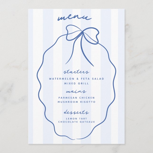 Blue Whimsical Hand Drawn Bow Wedding Menu (Front)