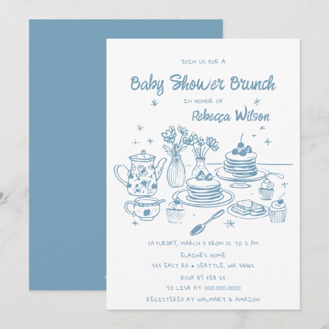 Blue Whimsical Hand Drawn Boy Baby Shower Brunch Invitation (Front/Back)
