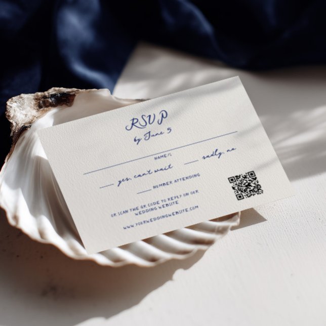 Blue Whimsical Handwritten Wedding QR Code RSVP Card (Creator Uploaded)
