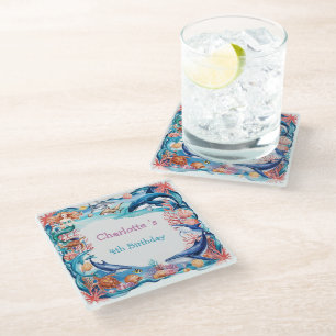 Blue whimsical mermaid whale fish shark birthday  glass coaster