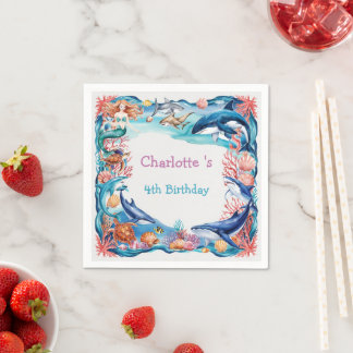 Blue whimsical mermaid whale fish shark birthday napkin