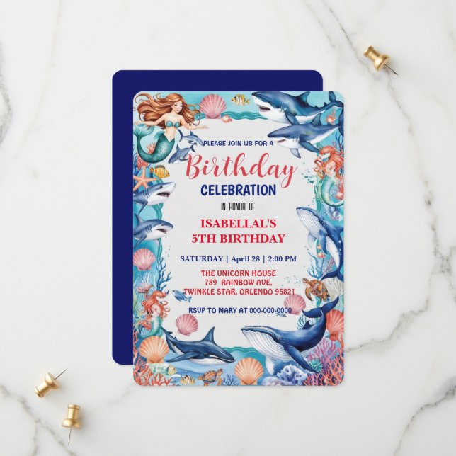 Blue whimsical mermaid whale fish shark birthday save the date (Front/Back In Situ)