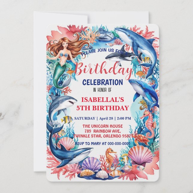 Blue whimsical mermaid whale fish shark birthday save the date (Front)