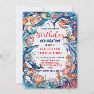 Blue whimsical mermaid whale fish shark birthday save the date