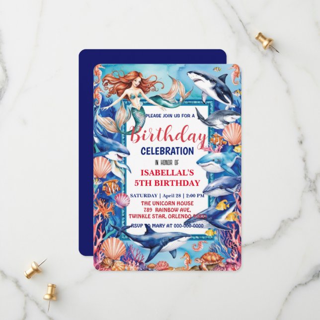 Blue whimsical mermaid whale fish shark birthday save the date (Front/Back In Situ)