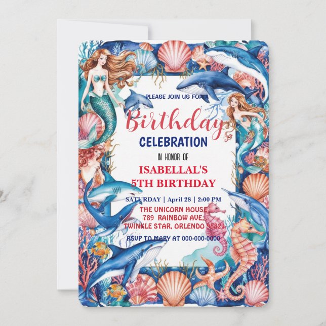 Blue whimsical mermaid whale fish shark birthday save the date (Front)