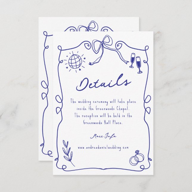 Blue Whimsical Quirky Hand drawn Wedding Details Enclosure Card (Front/Back)
