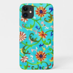 Blue Whimsical Vintage Style Flowers Art iPhone 11 Case
