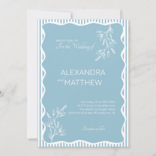 Blue Whimsical Wavy Border Wedding Invitation